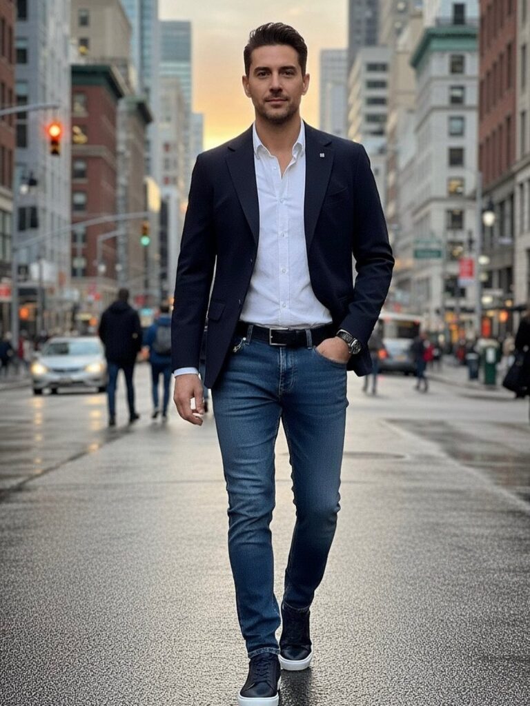 A man walking on a city street wearing a black blazer, white shirt, and blue jeans.