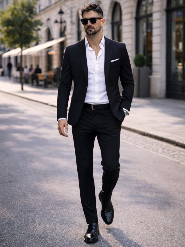 Man in a black blazer and white shirt walking down a city street wearing sunglasses.