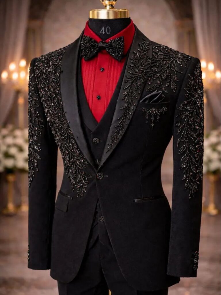 Black velvet suit with intricate beadwork embroidery on a mannequin wearing a red shirt and bowtie.