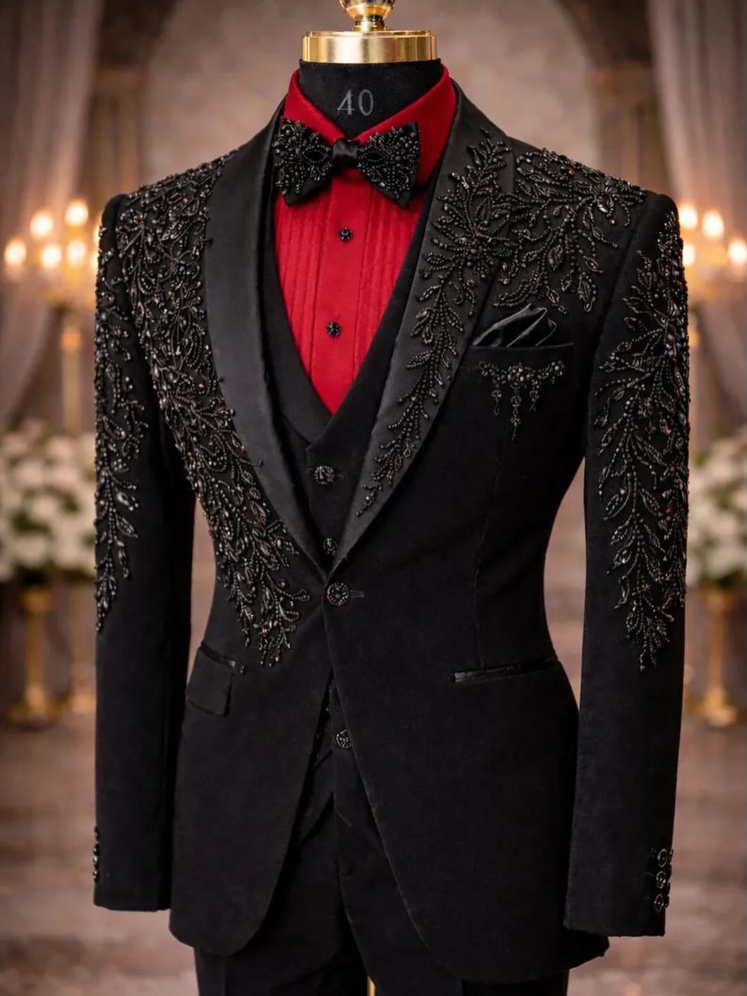 Black velvet suit with intricate beadwork embroidery on a mannequin wearing a red shirt and bowtie.