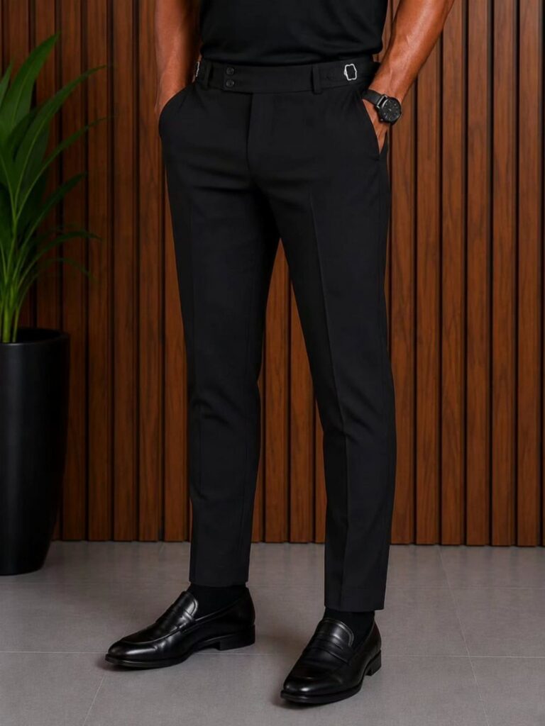 A man wearing black dress pants, a black shirt, and black loafers against a wooden wall.