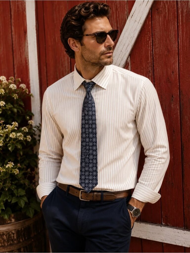 Man in a white striped shirt, navy tie, and navy trousers standing outdoors.