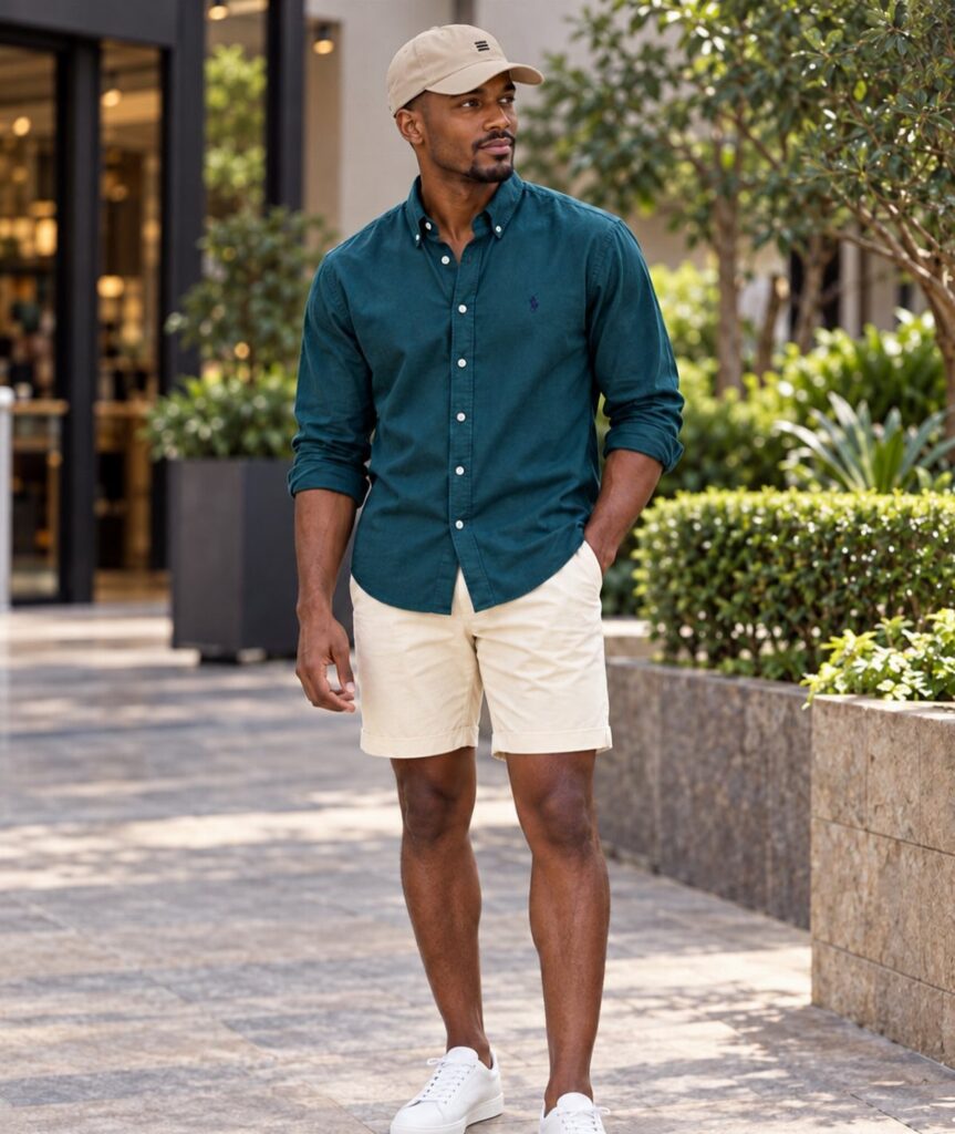 A man wearing a teal button-down shirt and cream shorts walking outdoors.