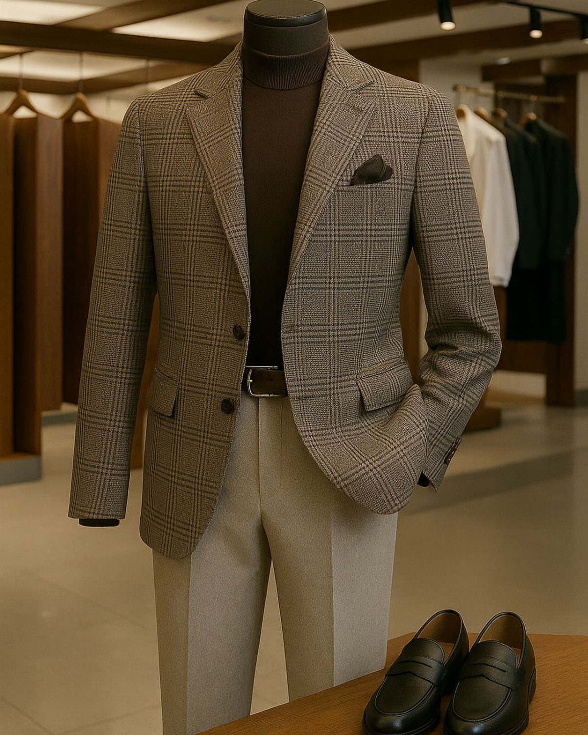A grey plaid blazer on a mannequin paired with a brown turtleneck and beige trousers.