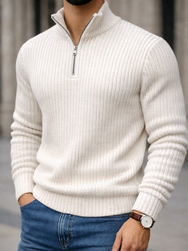 Man wearing a white ribbed merino wool quarter-zip sweater and blue denim jeans.
