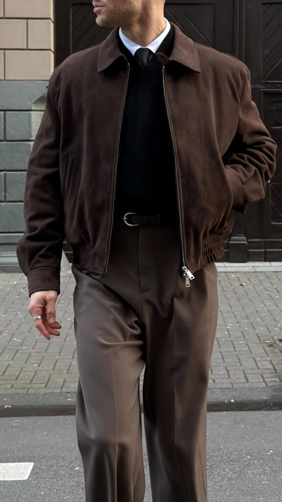 Man wearing a brown suede jacket, black sweater, tie, and brown tailored trousers.