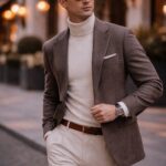 Man wearing a white turtleneck under a brown blazer and cream trousers outdoors.