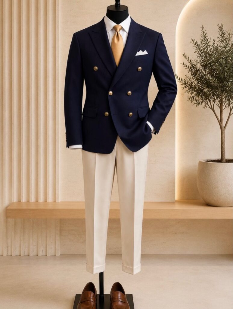 Navy blue double-breasted blazer and cream trousers on a mannequin with gold accessories.