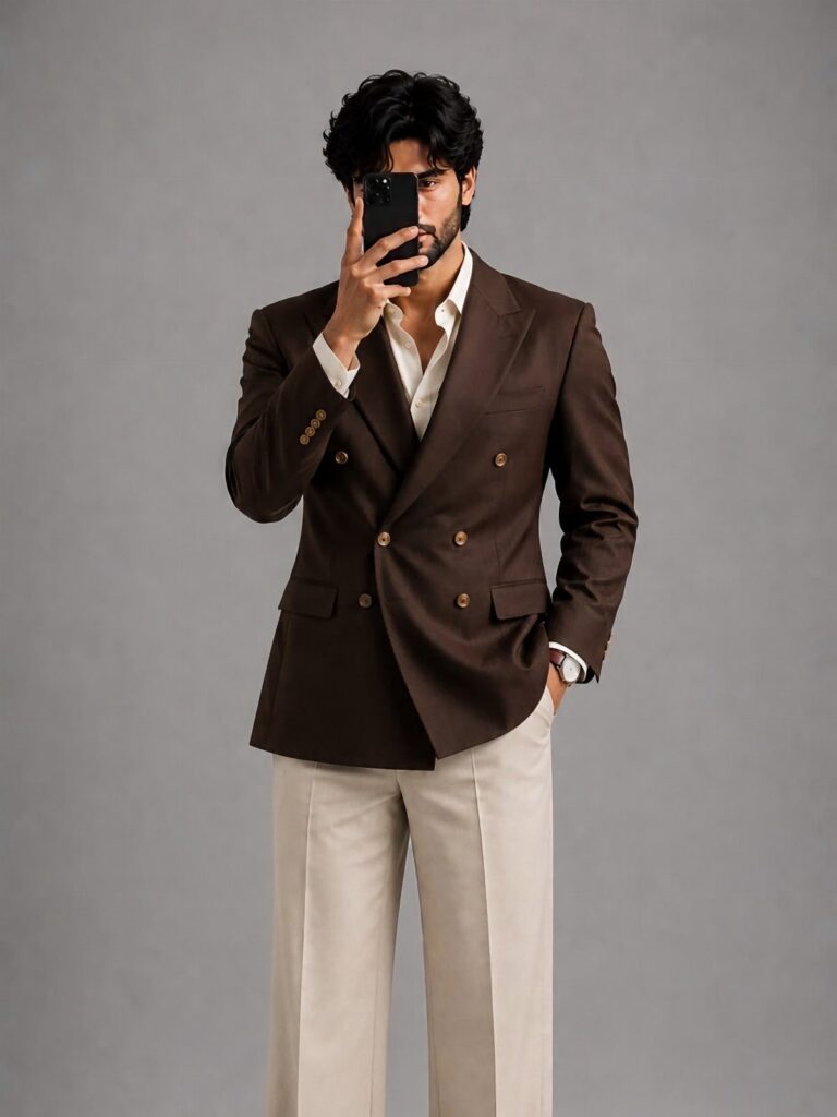 Man in a brown double-breasted blazer and cream trousers taking a selfie.
