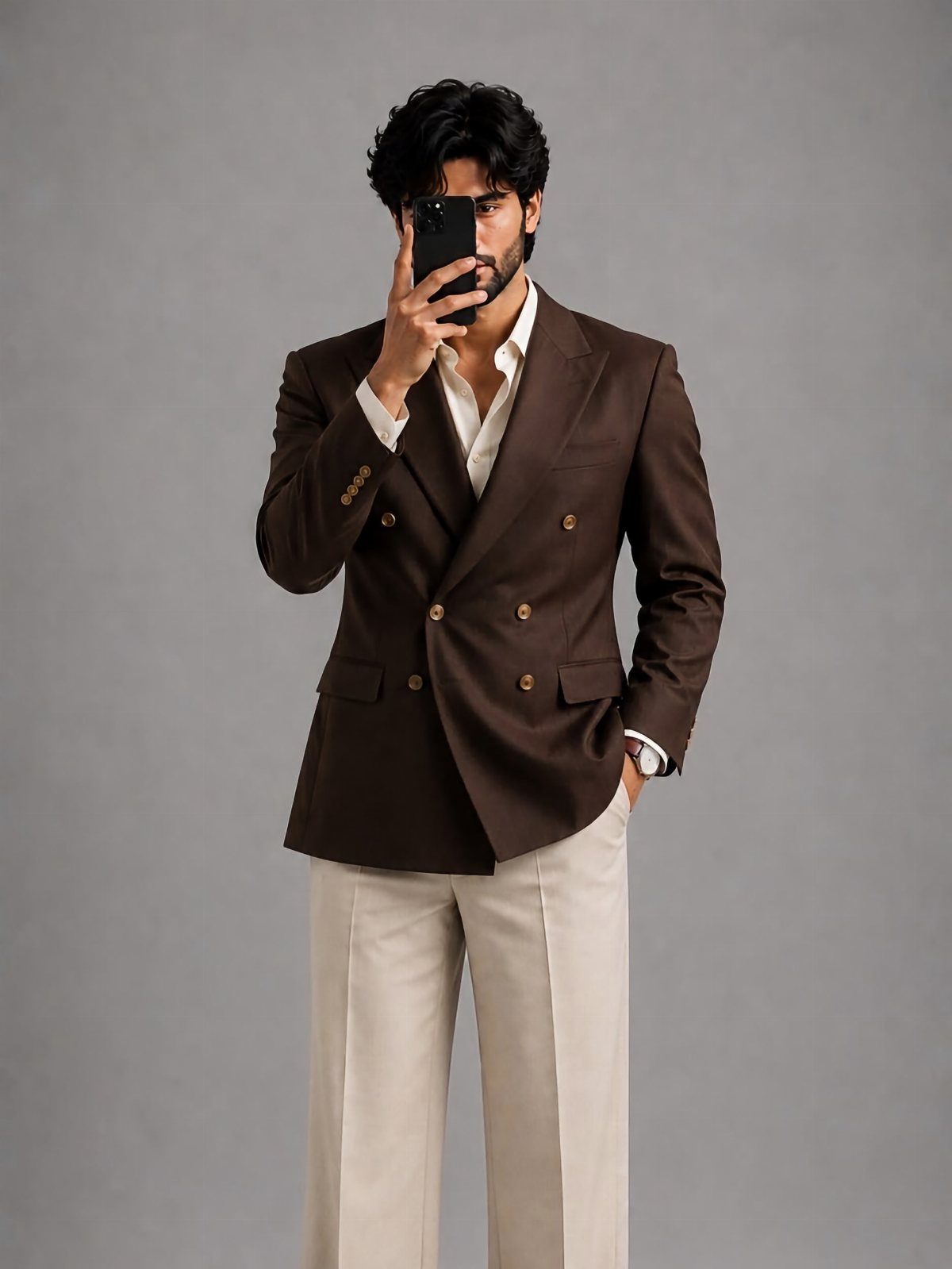 Man in a brown double-breasted blazer and cream trousers taking a selfie.
