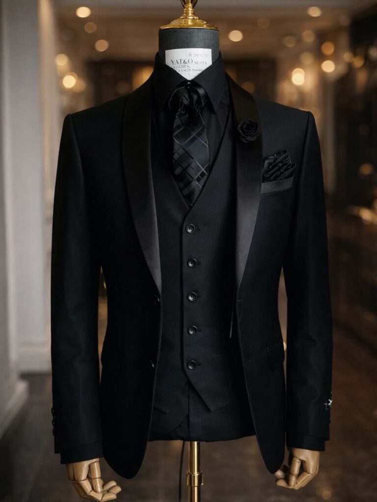 A black three-piece suit with satin lapels displayed on a wooden mannequin.