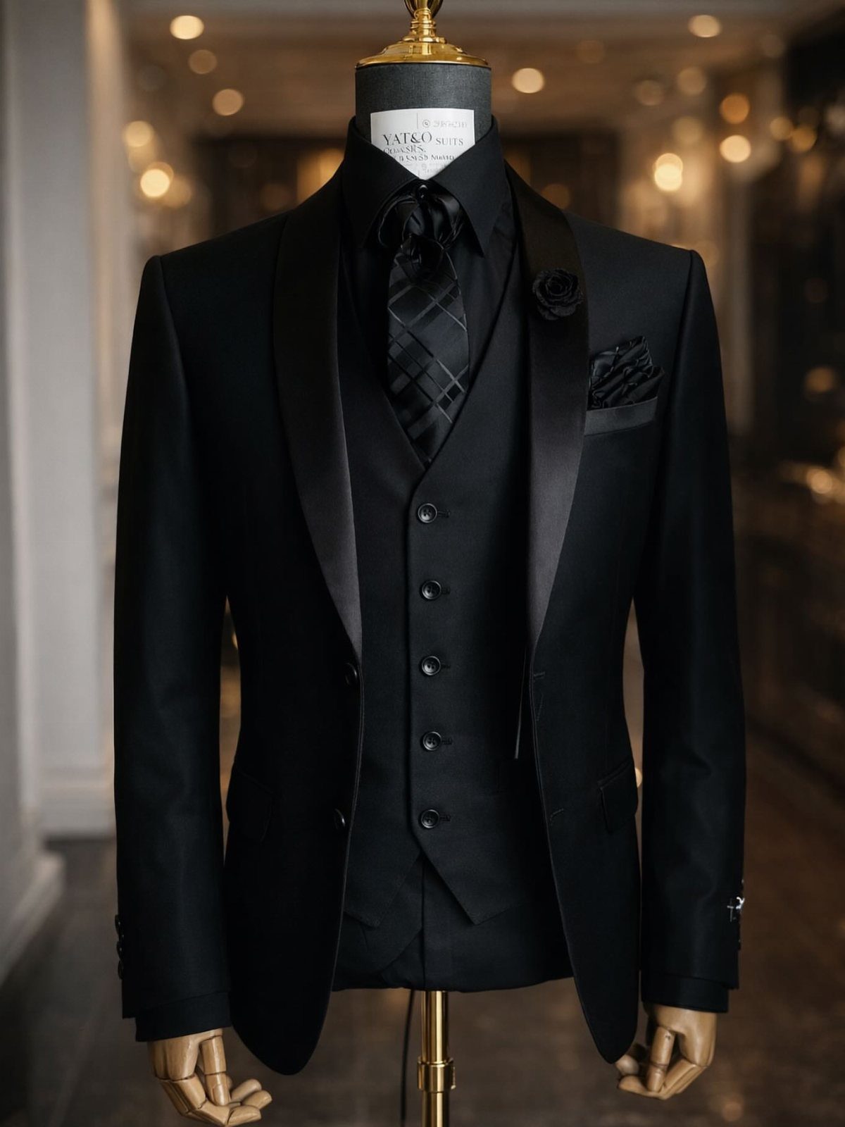 A black three-piece suit with satin lapels displayed on a wooden mannequin.