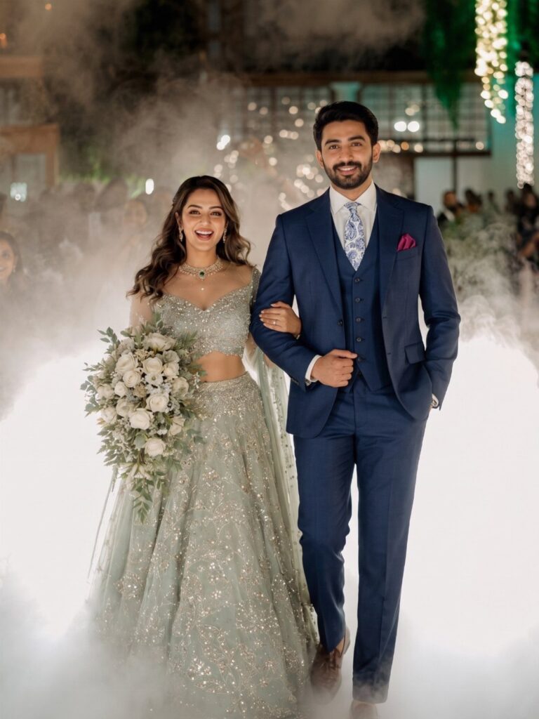 Man in a blue three-piece suit and woman in a sparkling green lehenga walking through fog.
