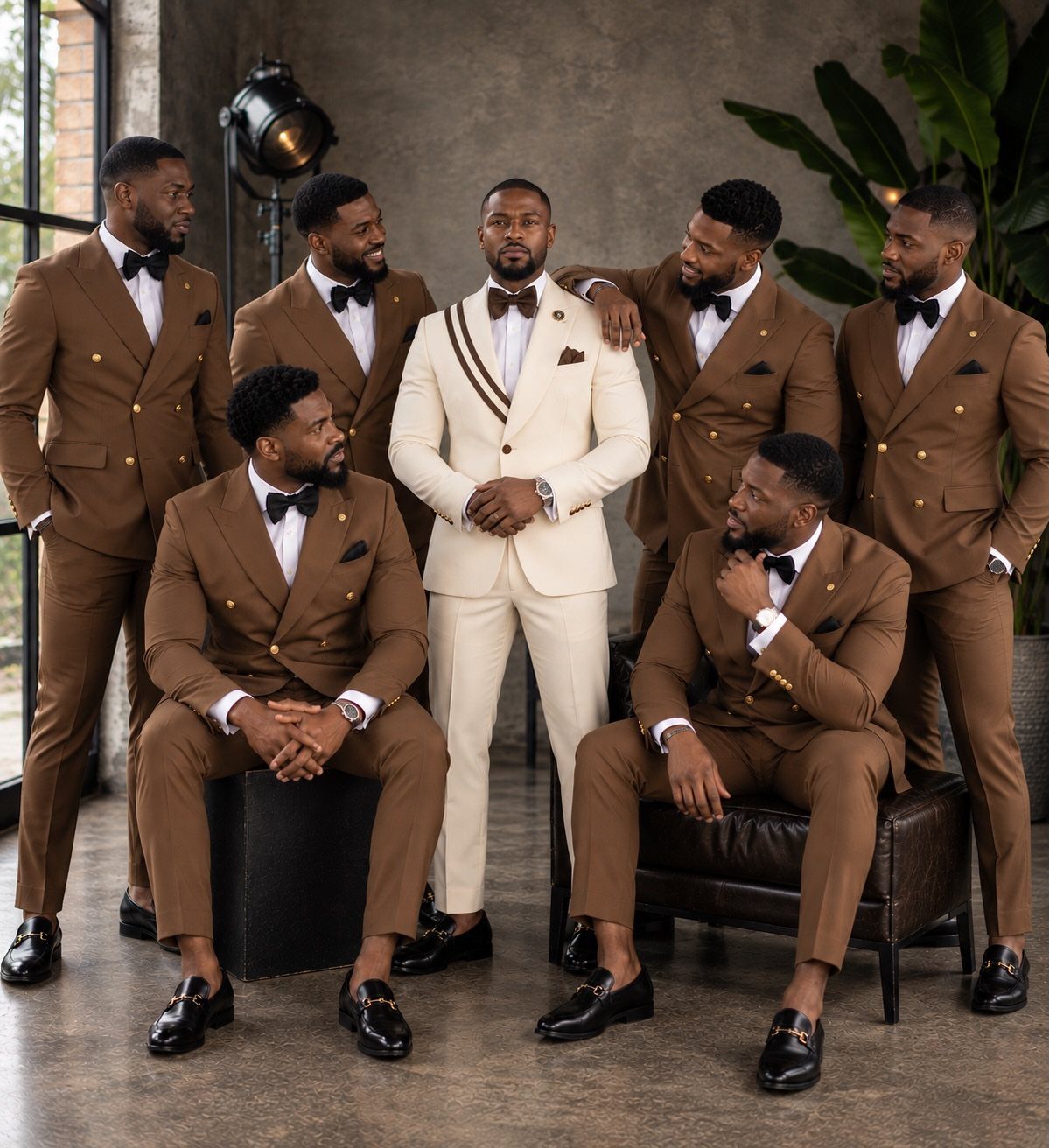 Seven men posing in cream and brown double-breasted suits with bow ties.