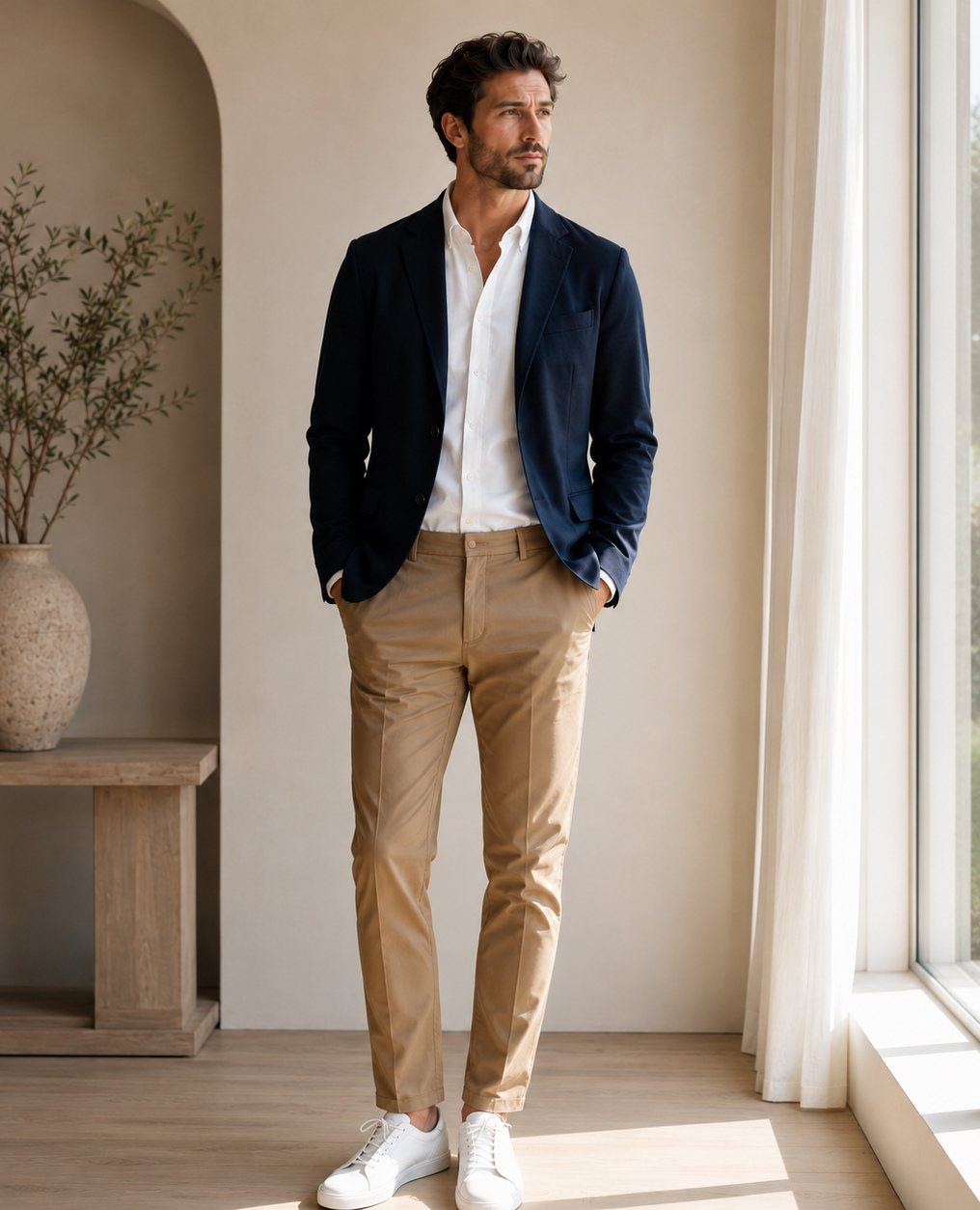 Man wearing a navy blazer, white shirt, and tan chinos standing in a bright room.