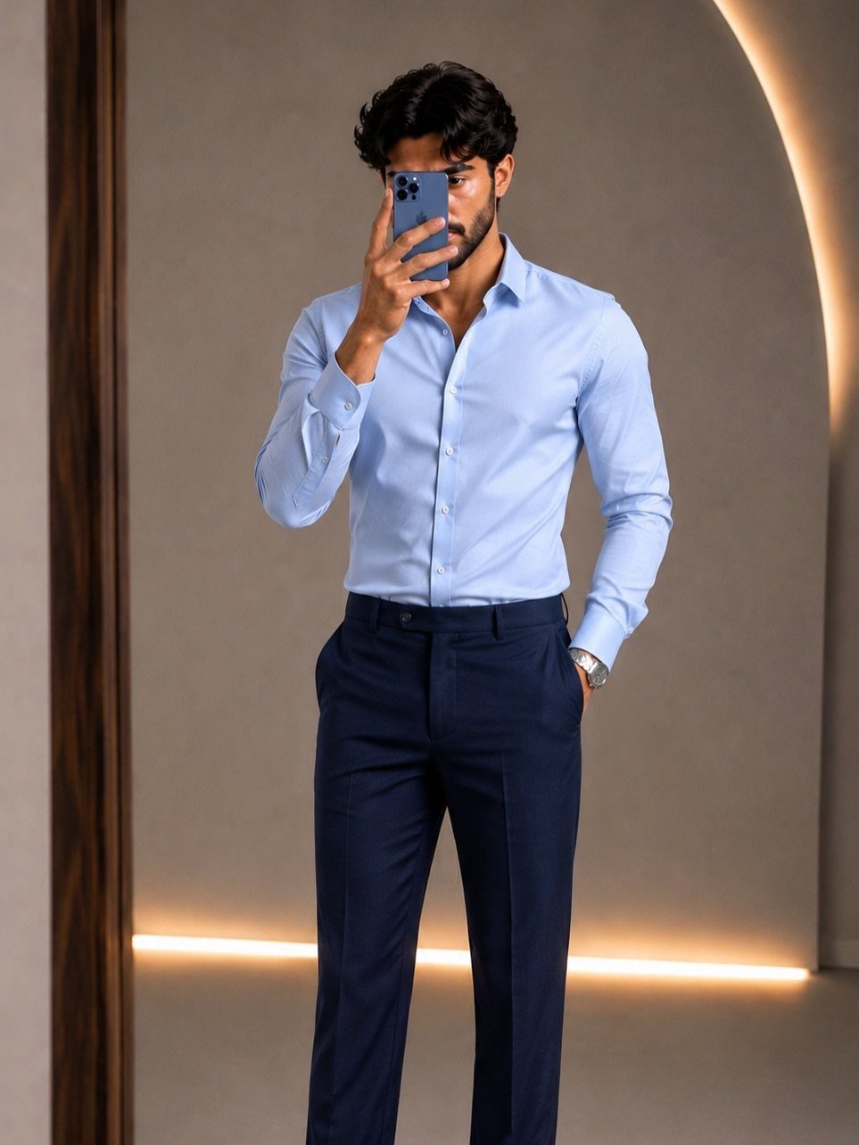 Man in a light blue shirt and navy dress slacks taking a mirror selfie.