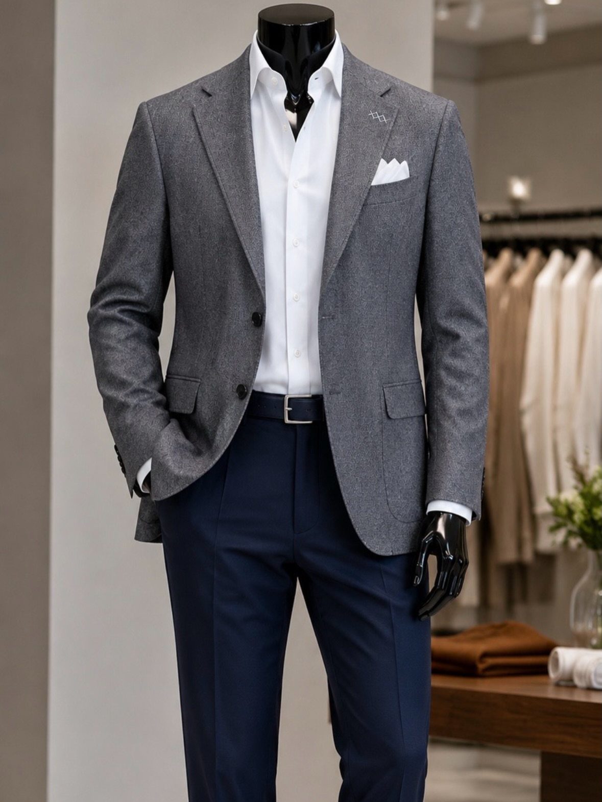 A grey textured blazer and white shirt paired with navy blue trousers on a mannequin.