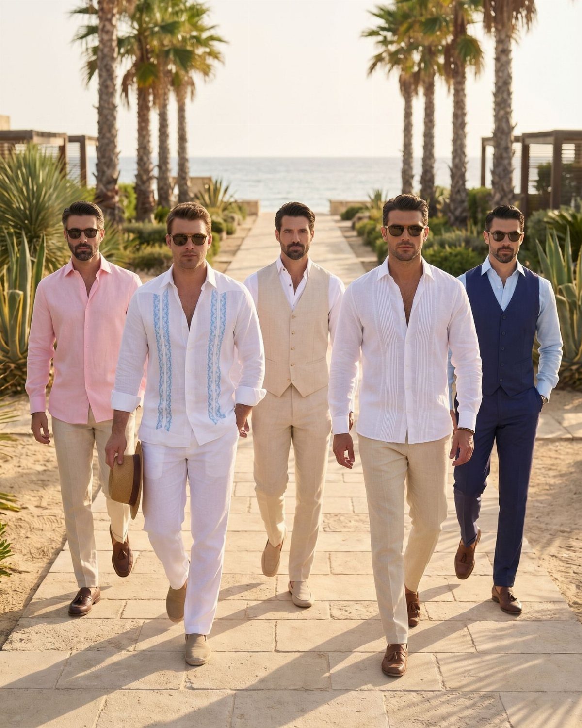 Five men walking along a palm-lined path toward the ocean in light summer wedding attire.