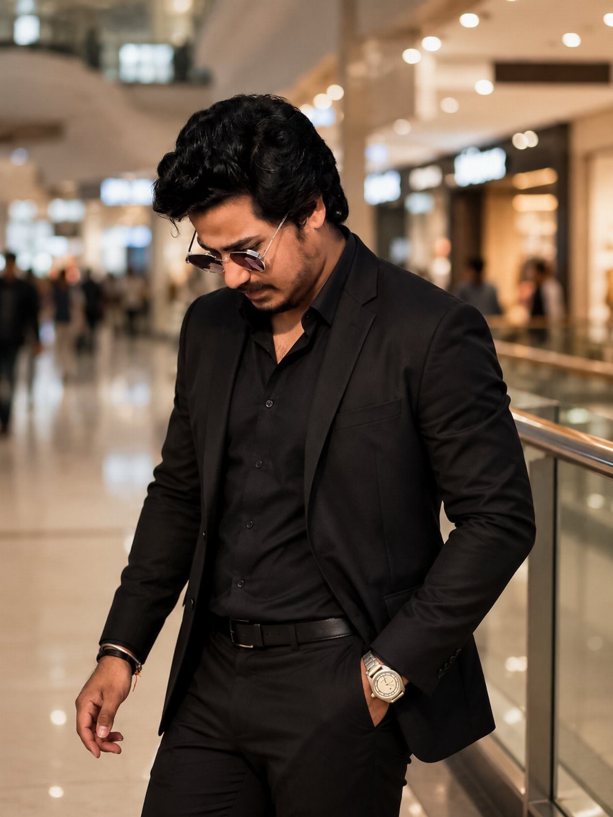 Man in an all-black suit and sunglasses walking through a modern shopping mall.