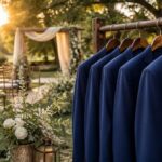 An outdoor wedding ceremony set in a lush garden during golden hour.