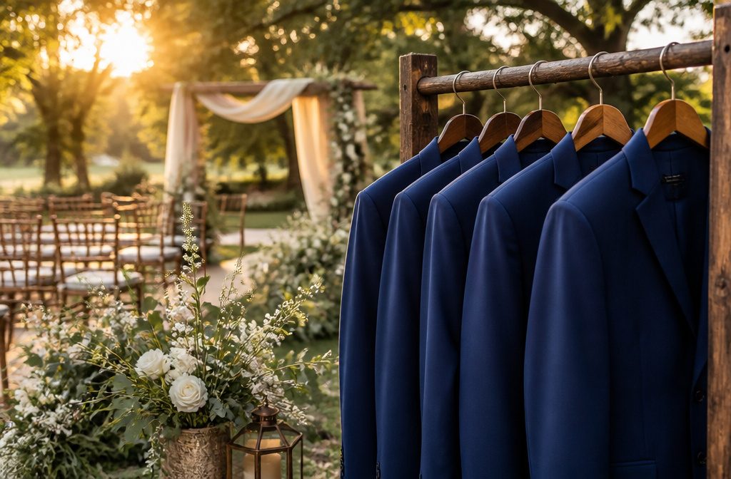 An outdoor wedding ceremony set in a lush garden during golden hour.