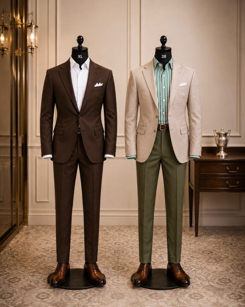 Two mannequins showcasing formal men's suits and smart casual wedding guest attire.