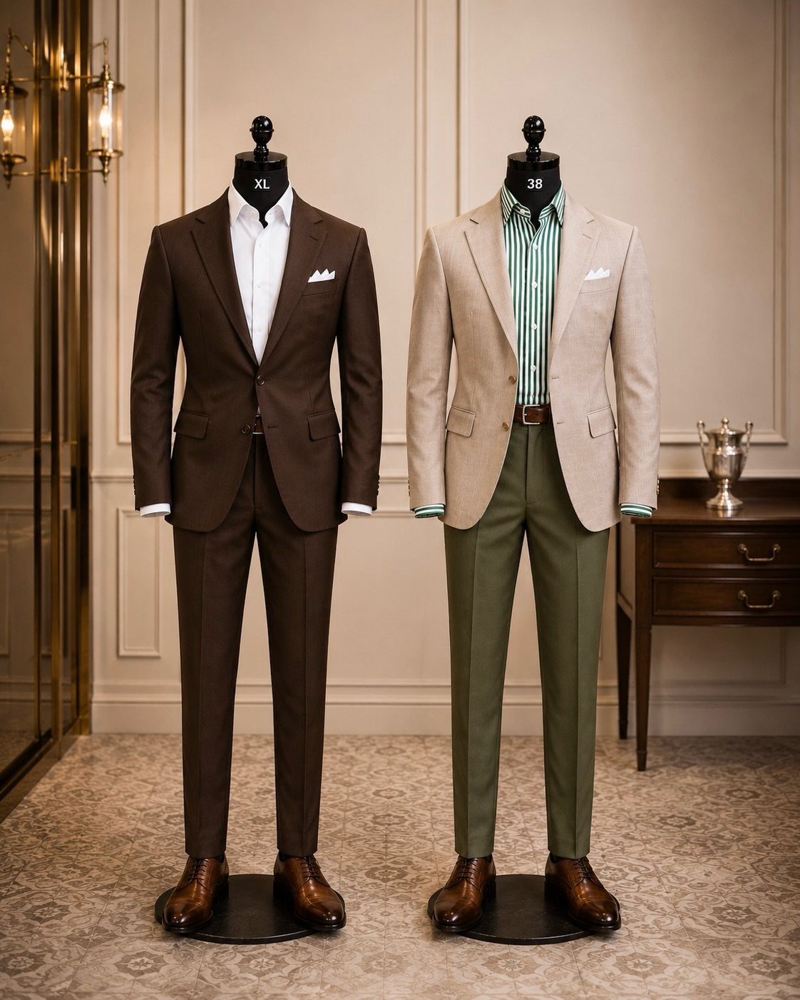 Two mannequins showcasing formal men's suits and smart casual wedding guest attire.